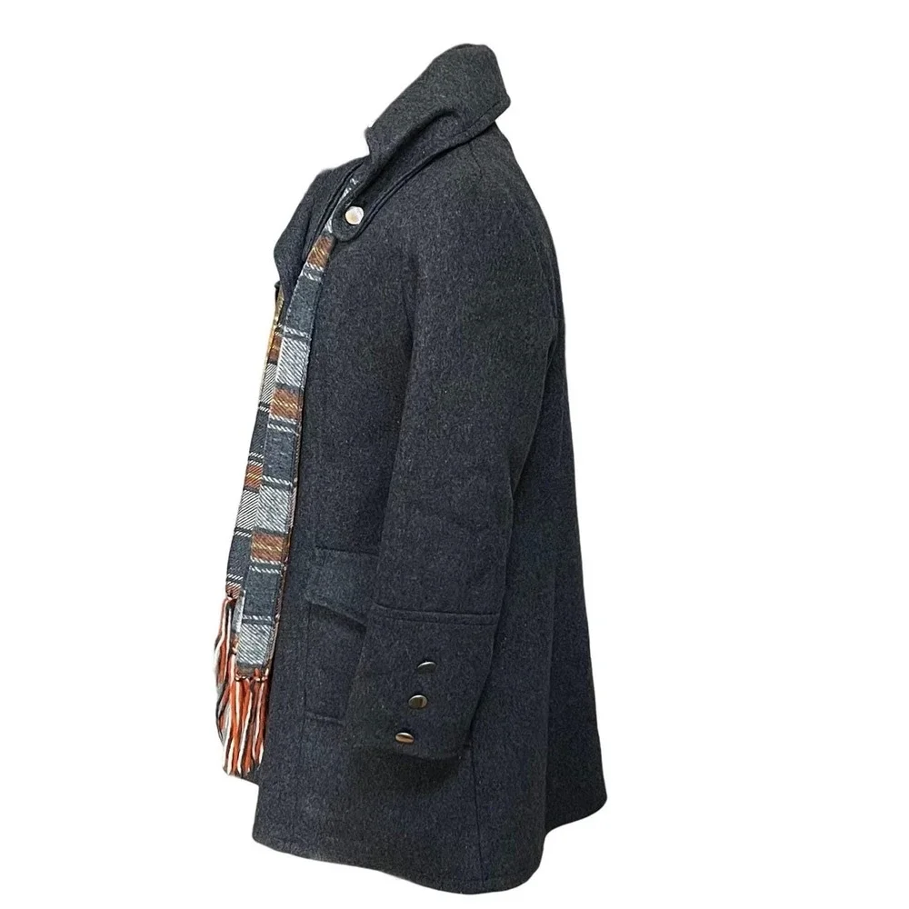 Vintage Womens Gray Double Breasted Plaid‎ Coat Scarf Size M Career Pea Coat